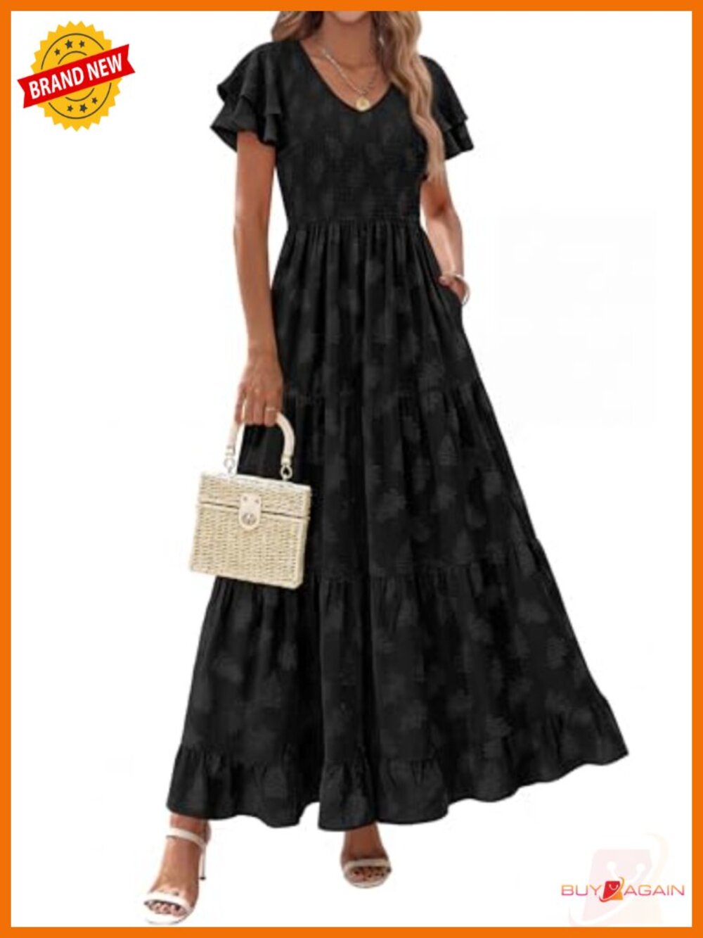Women's Floral Maxi Dress Ruffle Sleeve V Neck Smocked A Line Tiered Sundress